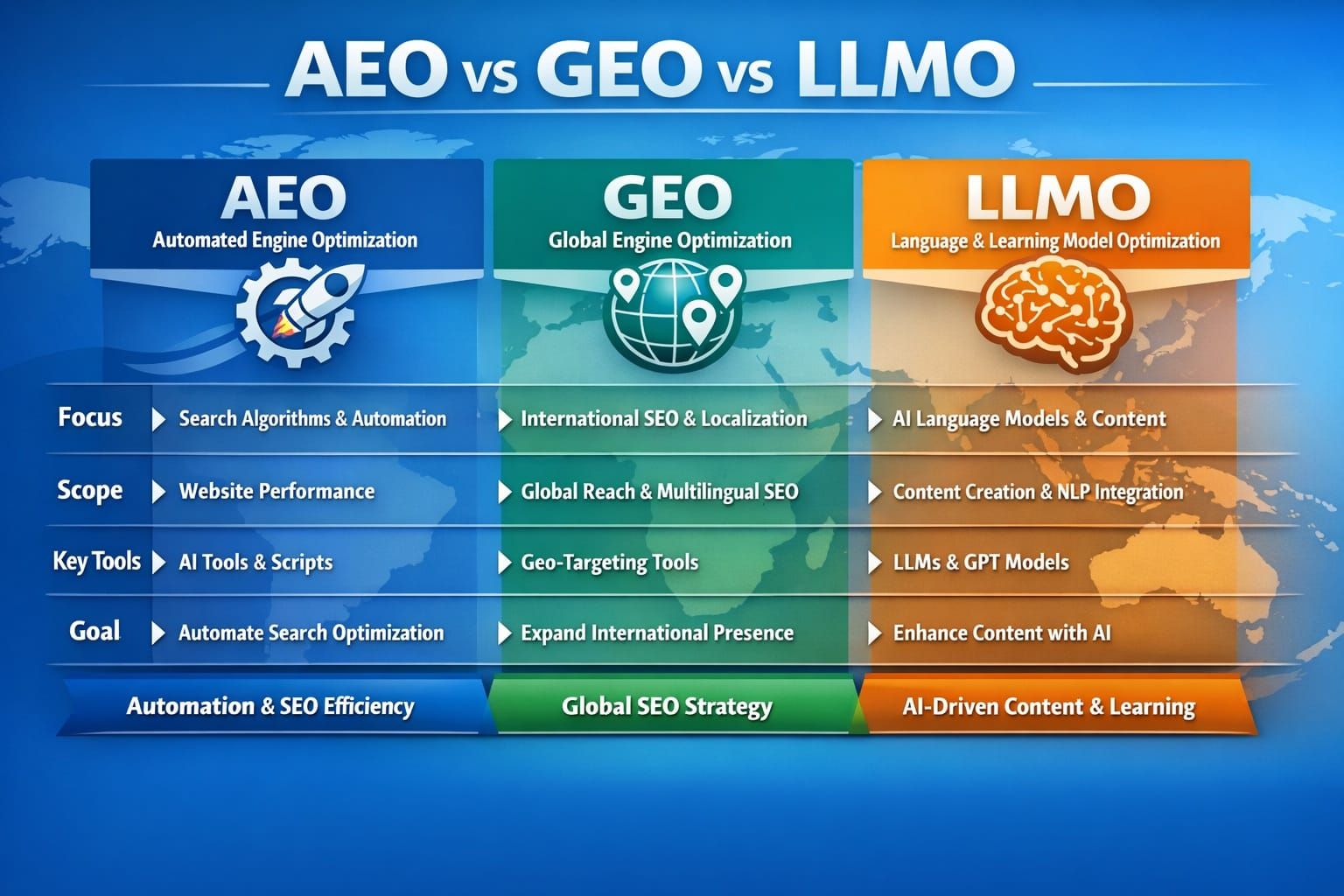 AEO vs GEO vs LLMO infographics